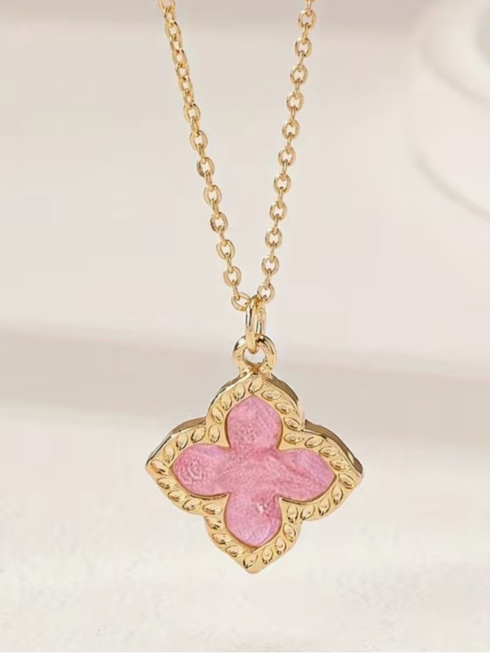 Gold-Plated Pink Clover Pendant Necklace - New